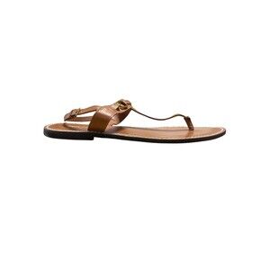 Zara Leather Flat Strappy Thong Sandals with Gold Metal Detail Size 11.5